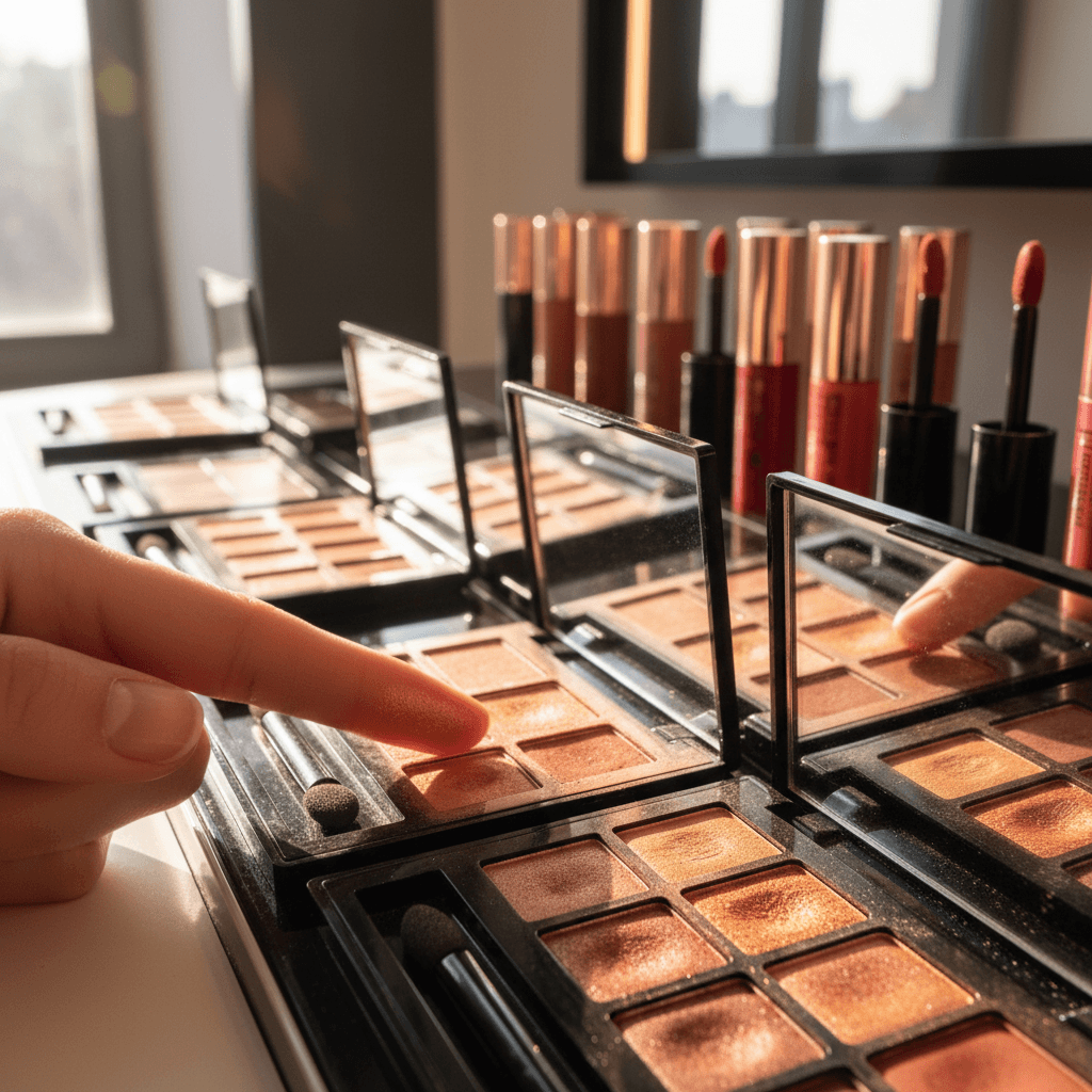 Close-up of makeup testers with a fingertip swatching a lipstick shade