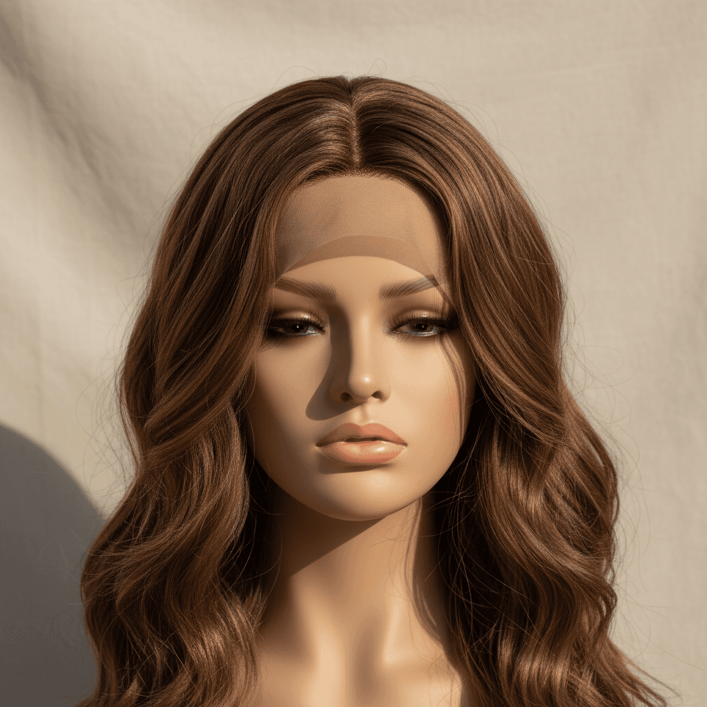 Wig on a mannequin head with realistic hair texture in natural light