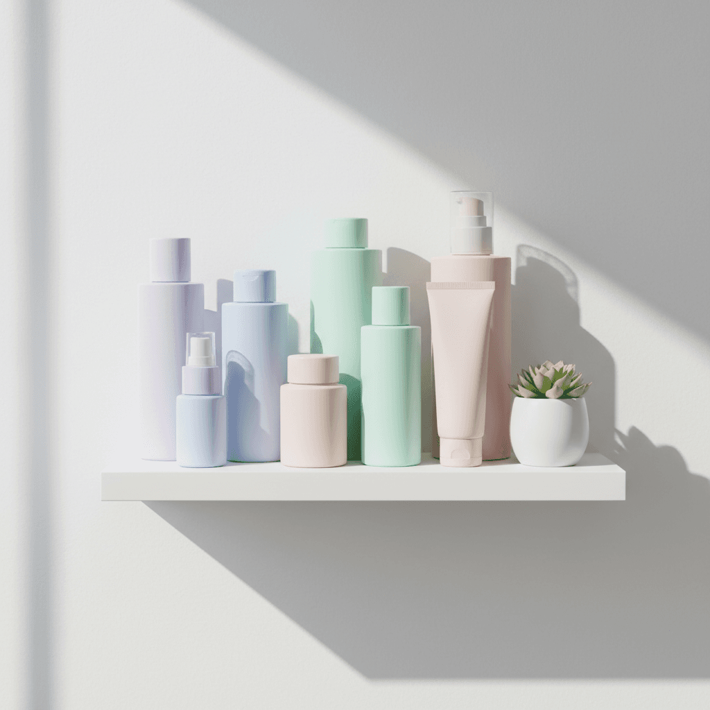Skincare bottles in pastel tones on a white shelf with natural light