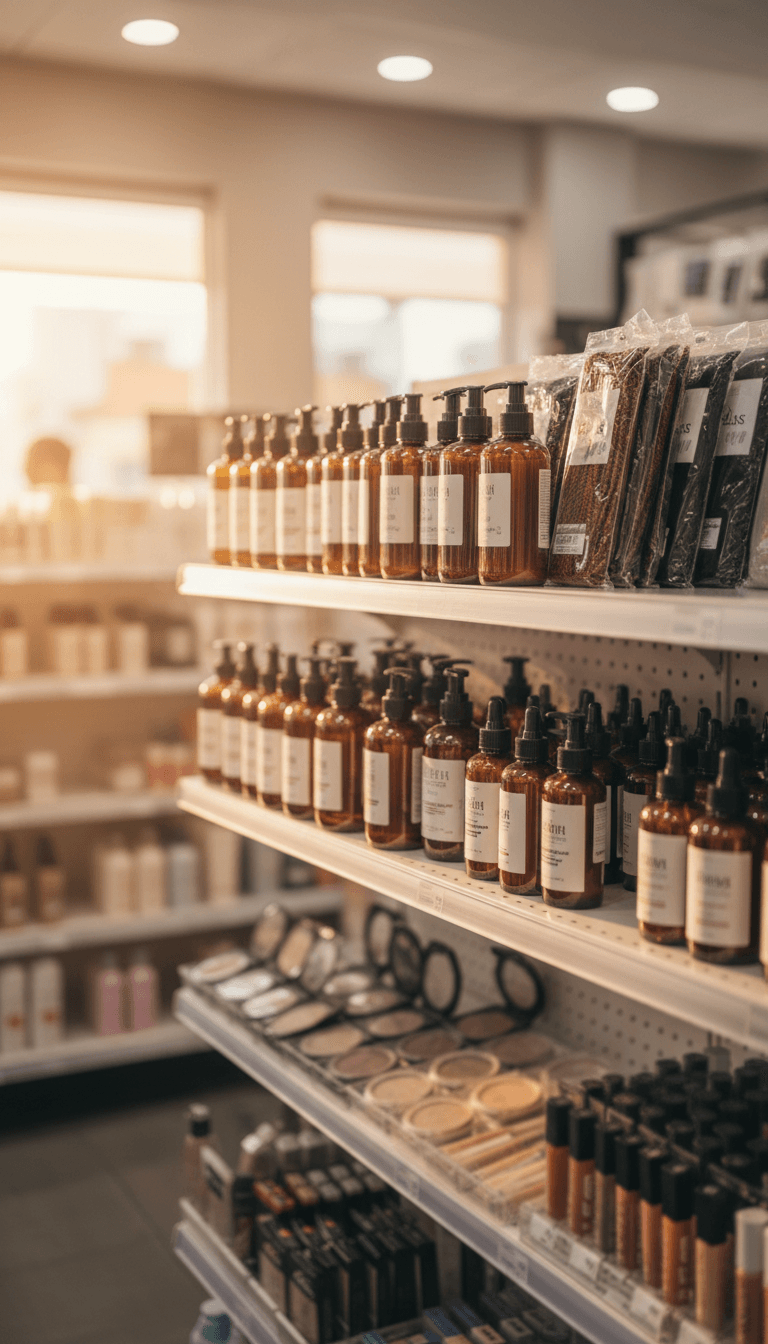 Well-stocked shelves with hair care products and cosmetics at Jikins Beauty in Hemet
