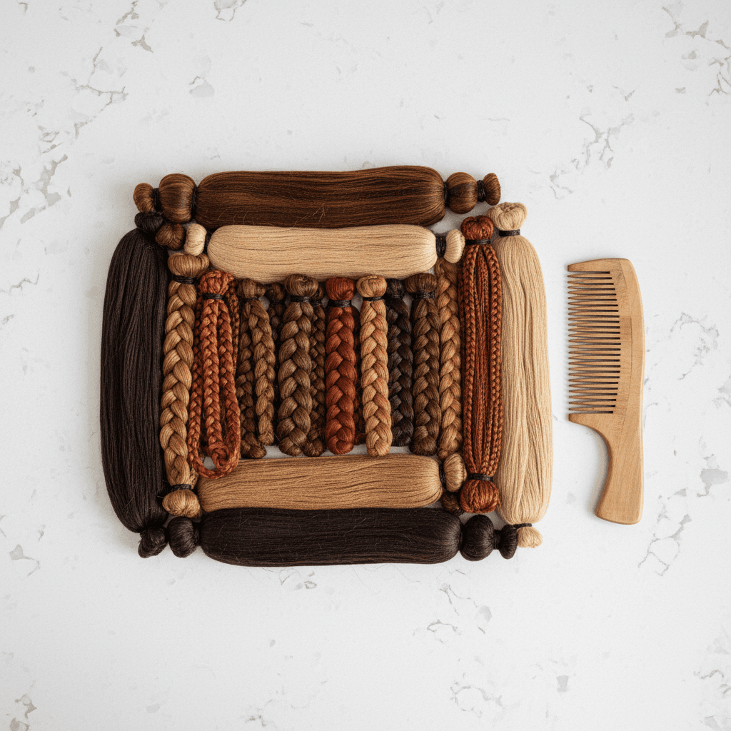 Flat lay of braiding hair packs in various shades on a counter