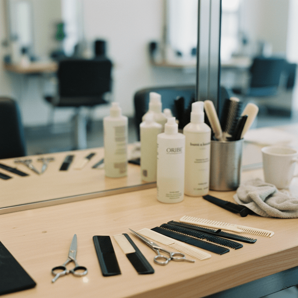 Professional salon scissors and combs arranged near product bottles on a station