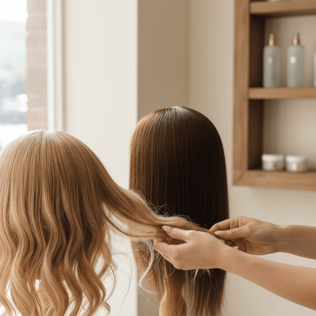 Customer checking hair extension texture at the counter