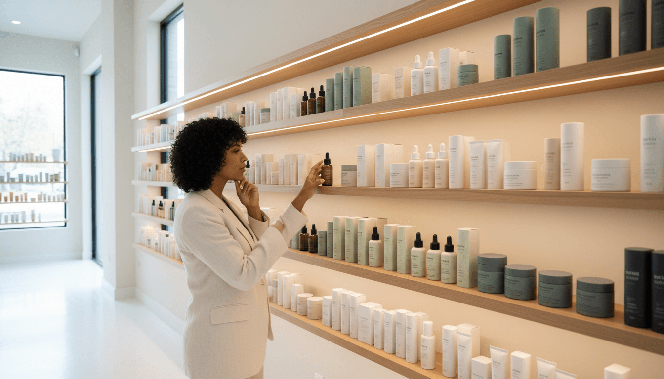 Customer browsing shelves of beauty products inside Jikins Beauty