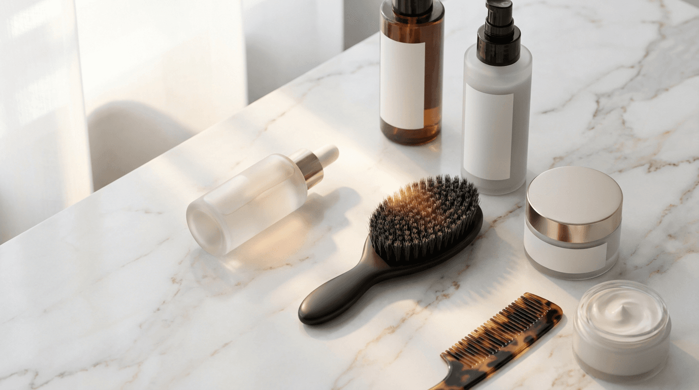 Hair oils and leave-in creams on a wooden counter