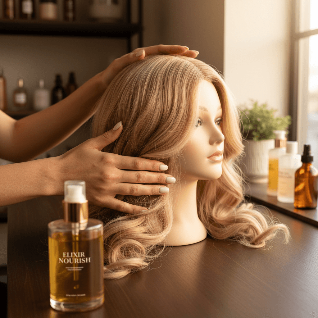 Wig care products next to a mannequin head