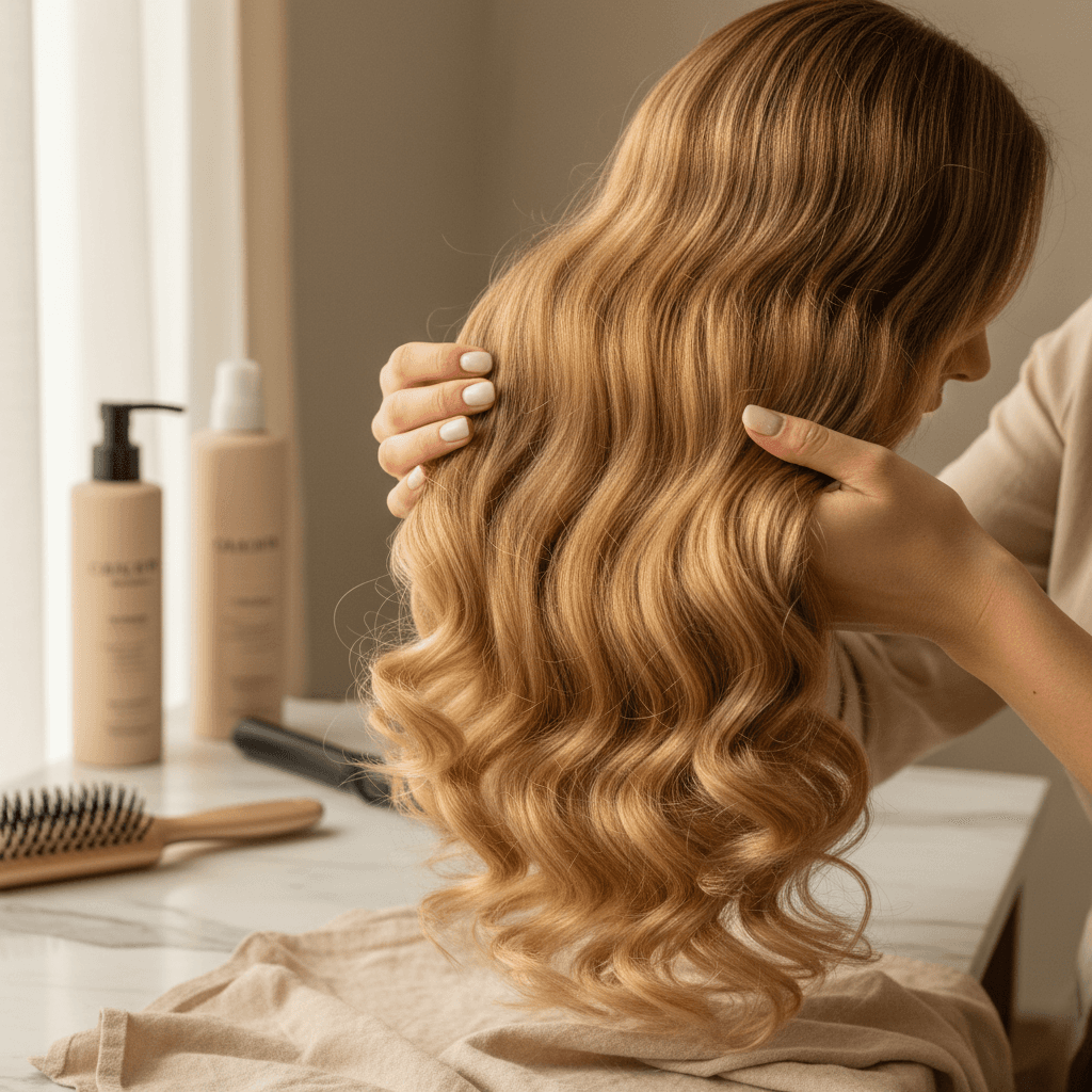Clip-in hair extensions in assorted shades on a white surface