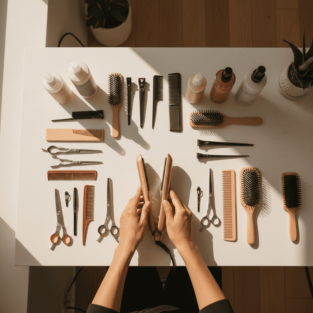Shelves stocked with professional salon supplies