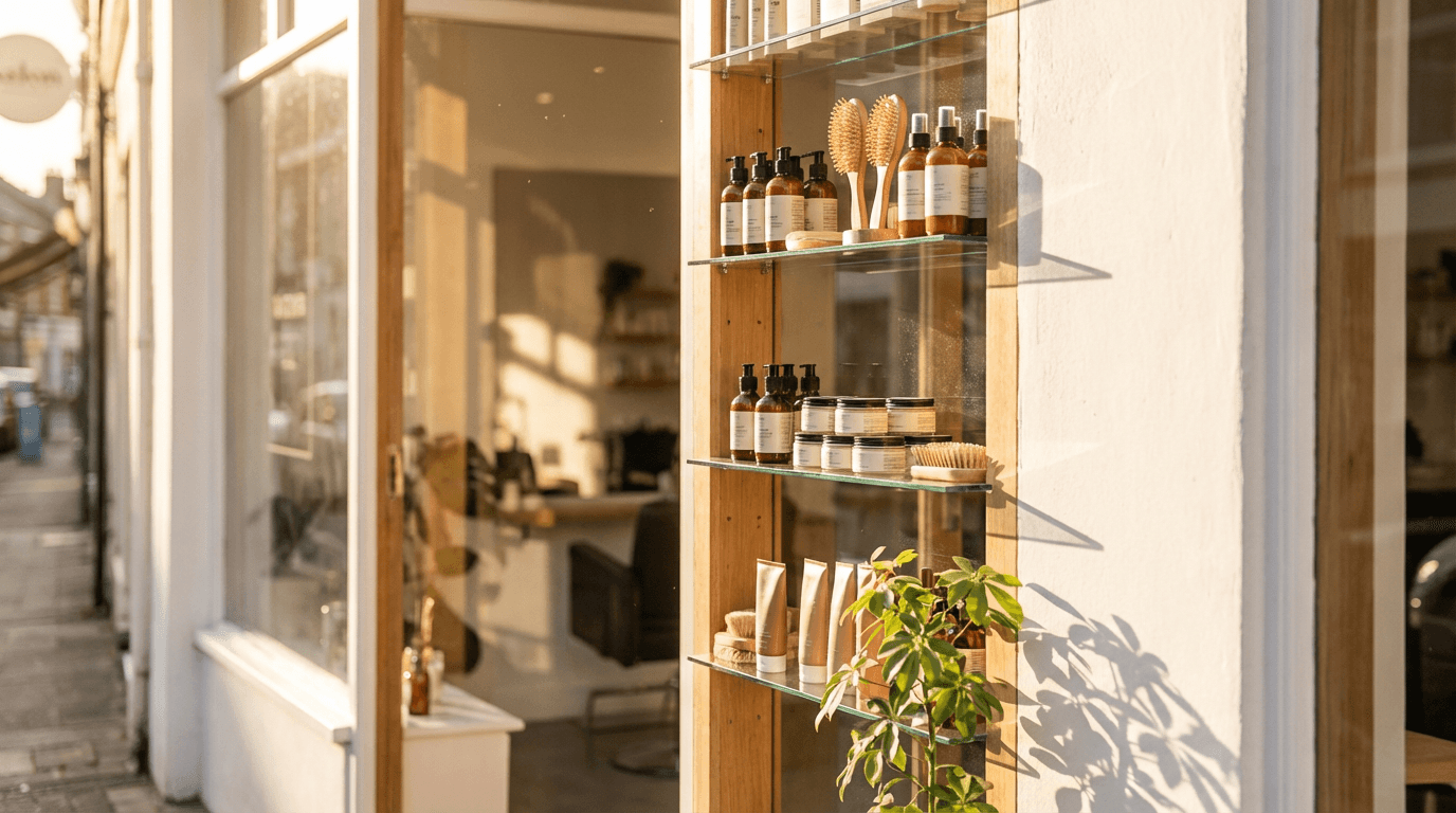 Interior of a beauty supply store with shelves stocked with hair care products, wigs, and braiding hair