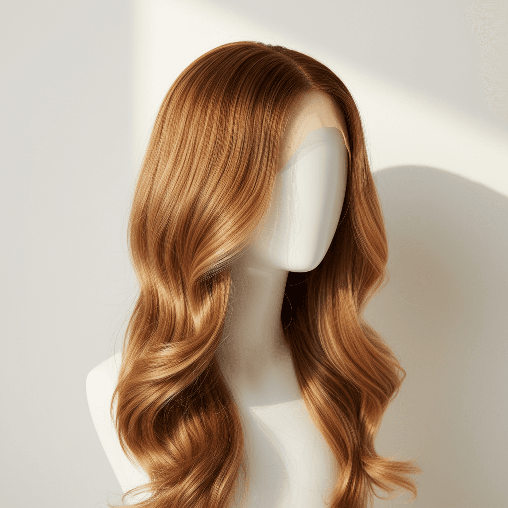 Wig with soft curls displayed on a stand