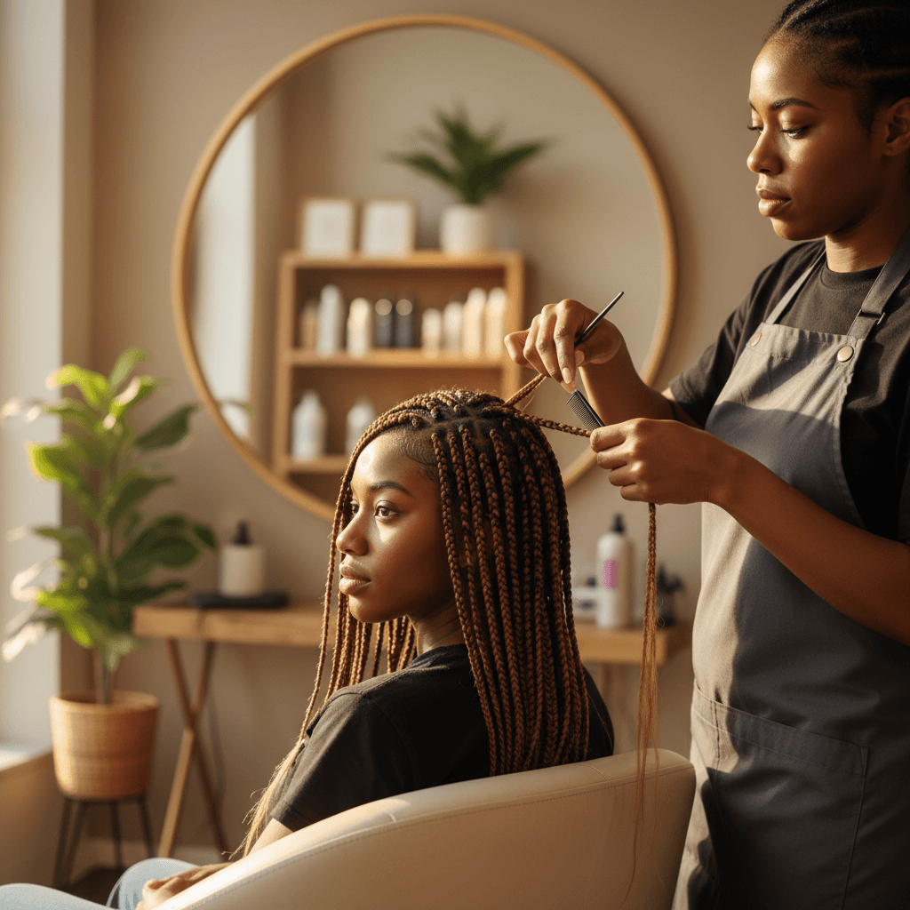 Braiding hair packs in multiple colors on a salon shelf