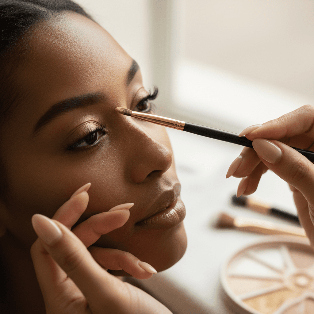 Makeup brush applying eyeshadow with foundation swatches nearby