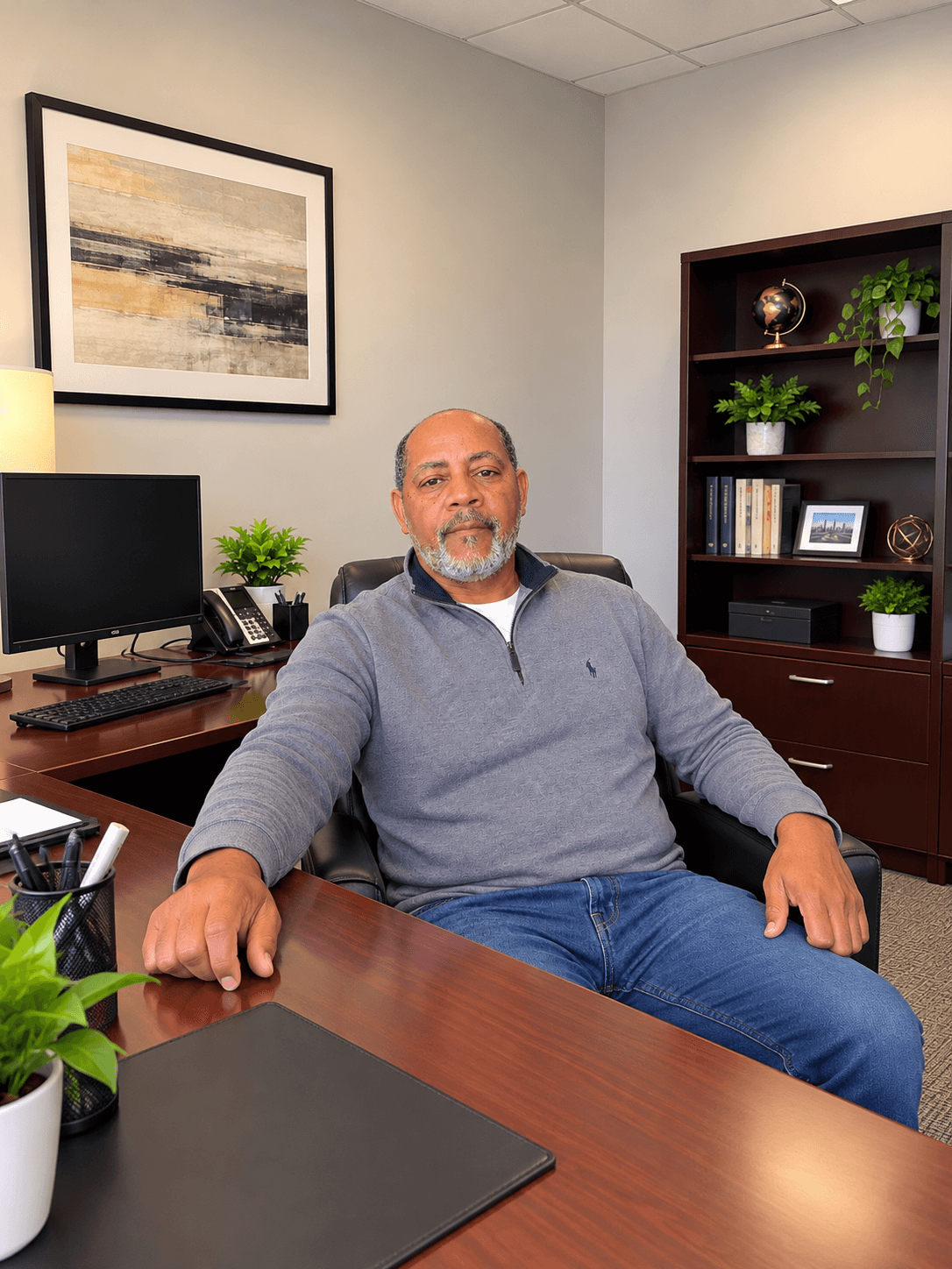 Middle-aged Black man with a grey beard sitting at a desk in a professional office.